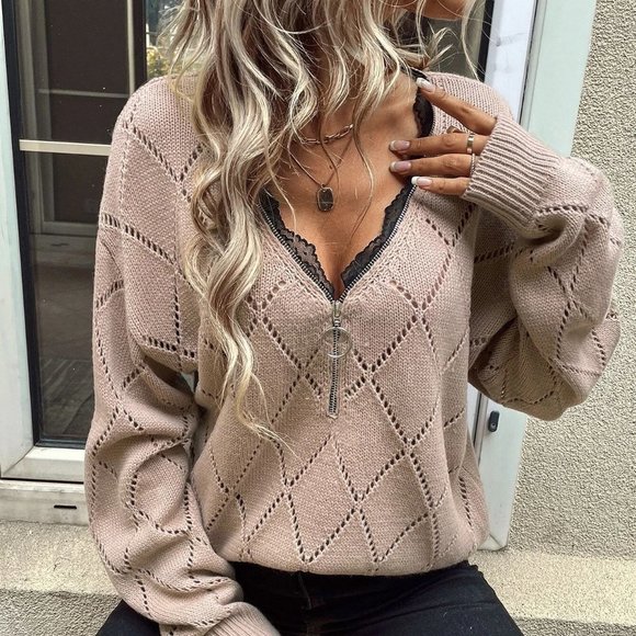 Dusty Pink Boho Womens Lace detailed Sweater - Picture 4 of 5